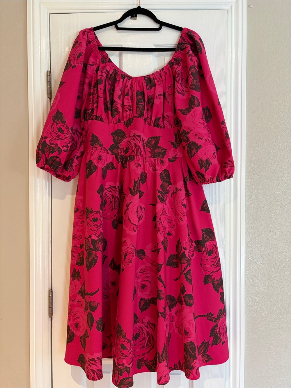 Vixen by Micheline Pitt Fuchsia Pink Midi Dress with Black Rose Print